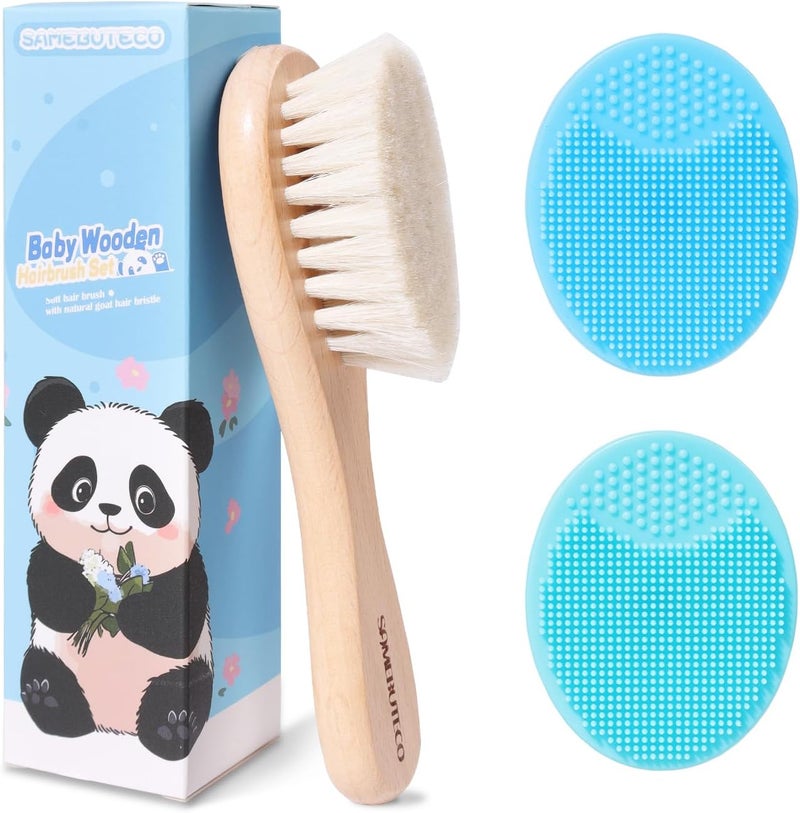 SAMEBUTECO Baby Hair Brush Set,3 in1 Kit,1 Pack Goat Hair Bristles Brush 2 Pieces Silicone Cradle Cap Brushes Wood Handle Newborn Brush for Newborns and Toddlers - Image 1